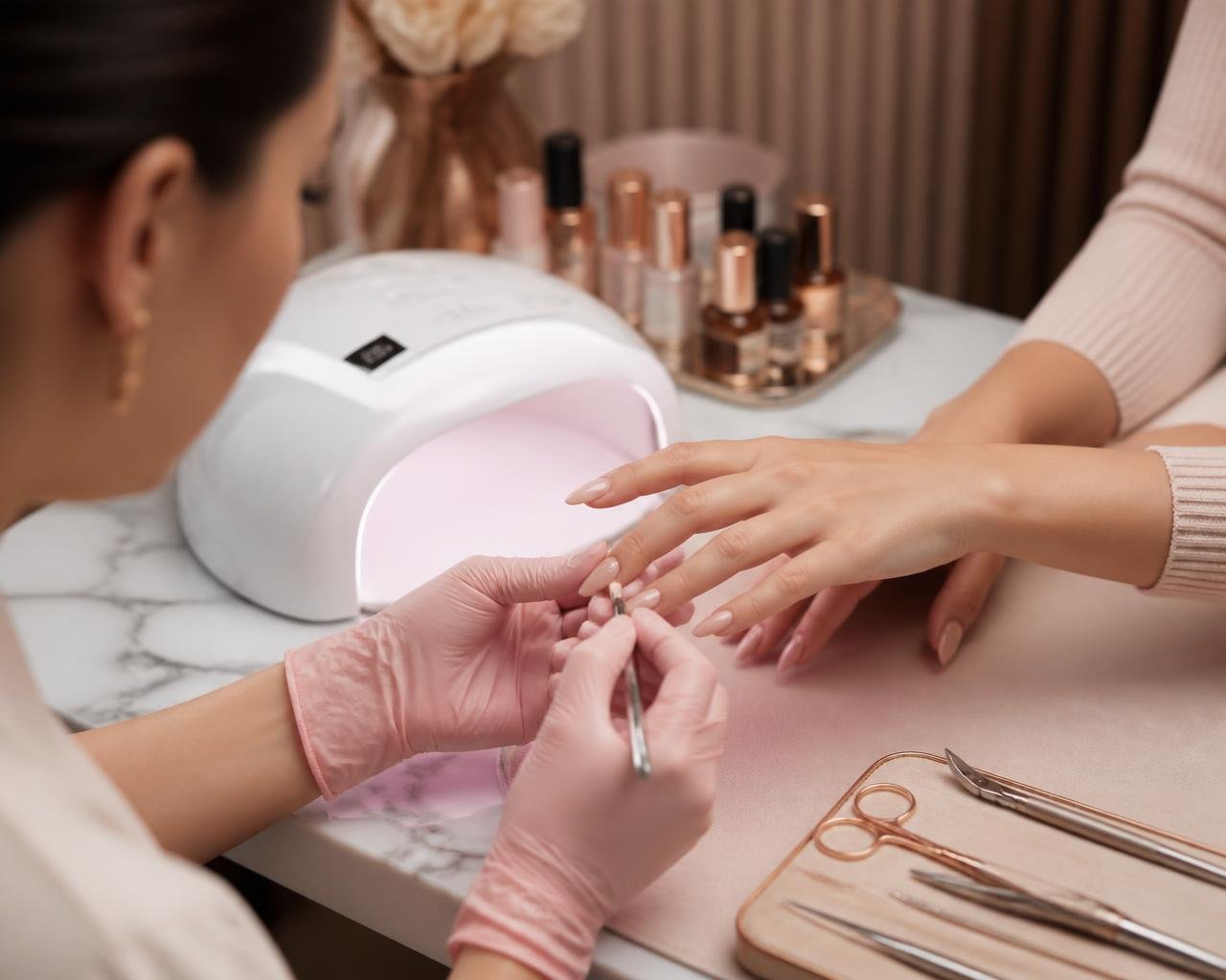 Profissional aplicando alongamento de unhas em gel
